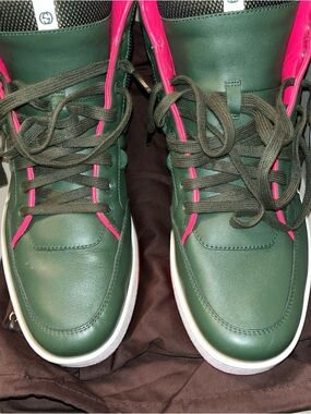 Gucci Green and Pink Leather High-Top Sneakers